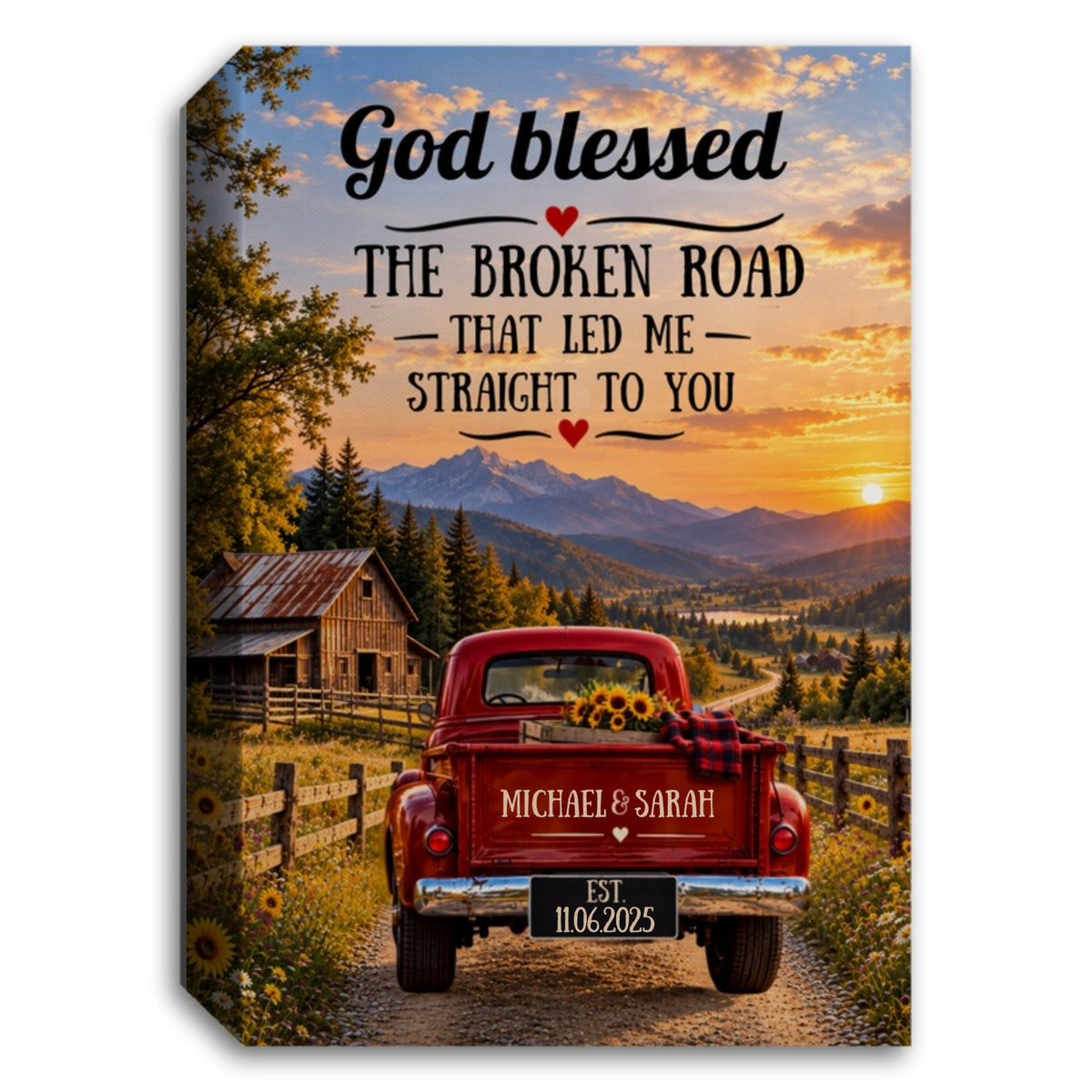 Personalized God Blessed Broken Road Canvas | Custom Couple Names & Date Rustic Truck Wall Art | Romantic Anniversary Gift