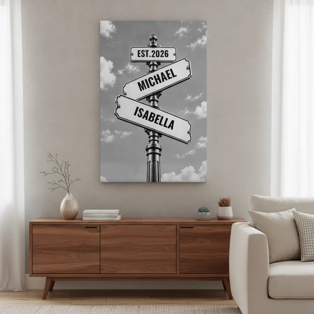 Personalized Couple Signpost Canvas | Custom Names & Date Rustic Street Sign Wall Art | Romantic Anniversary Wedding Gift