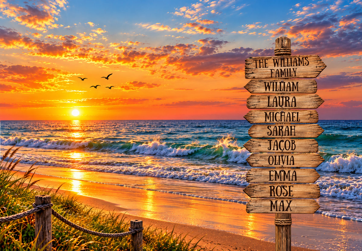 Personalized Family Beach Canvas | Custom Family Name Sign Wall Art | Sunset Ocean Home Décor | Beach House Family Gift