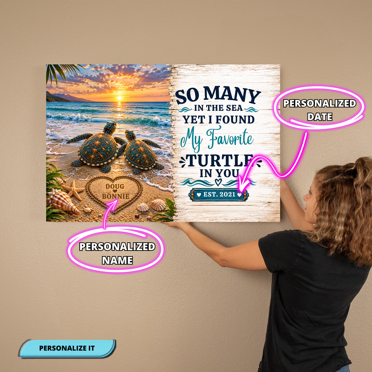 Personalized Turtle Couple Canvas | “My Favorite Turtle in You” Beach Wall Art | Custom Names & Date Romantic Anniversary Gift
