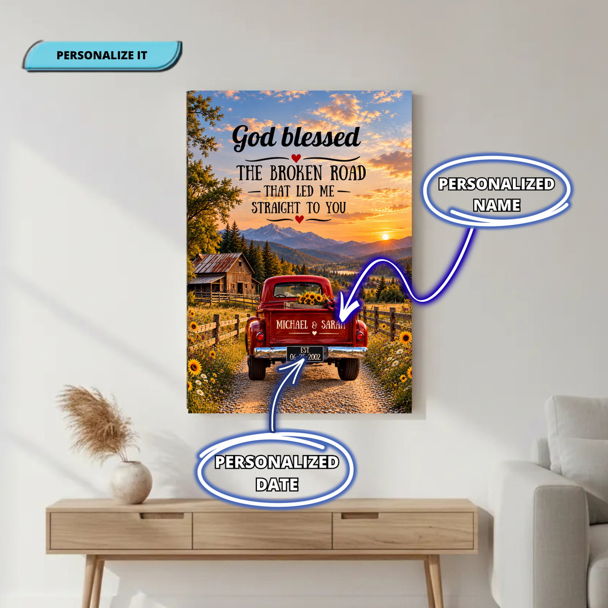 Custom Couple Names and Date Broken Road Wall Art