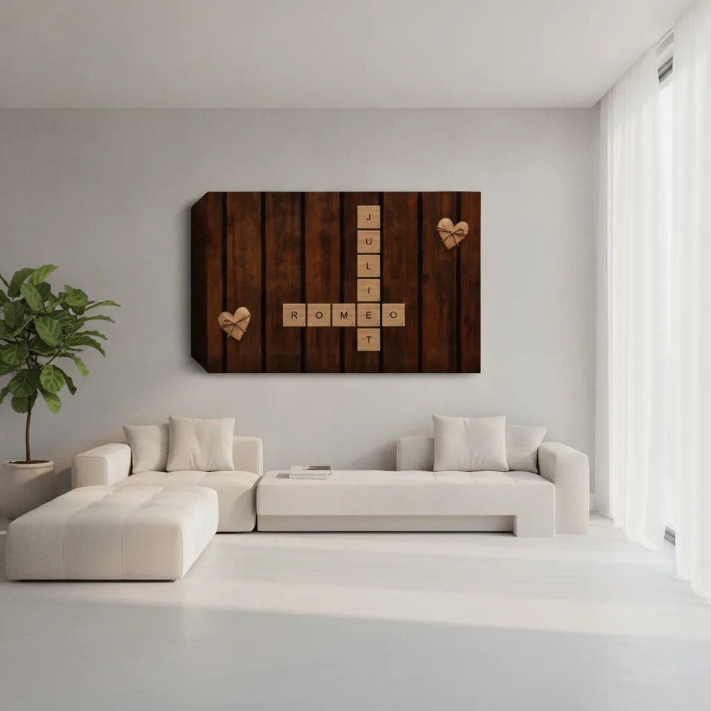 Personalized Couple Crossword Canvas | Custom Names Love Wall Art | Rustic Wooden Anniversary Gift for Couples