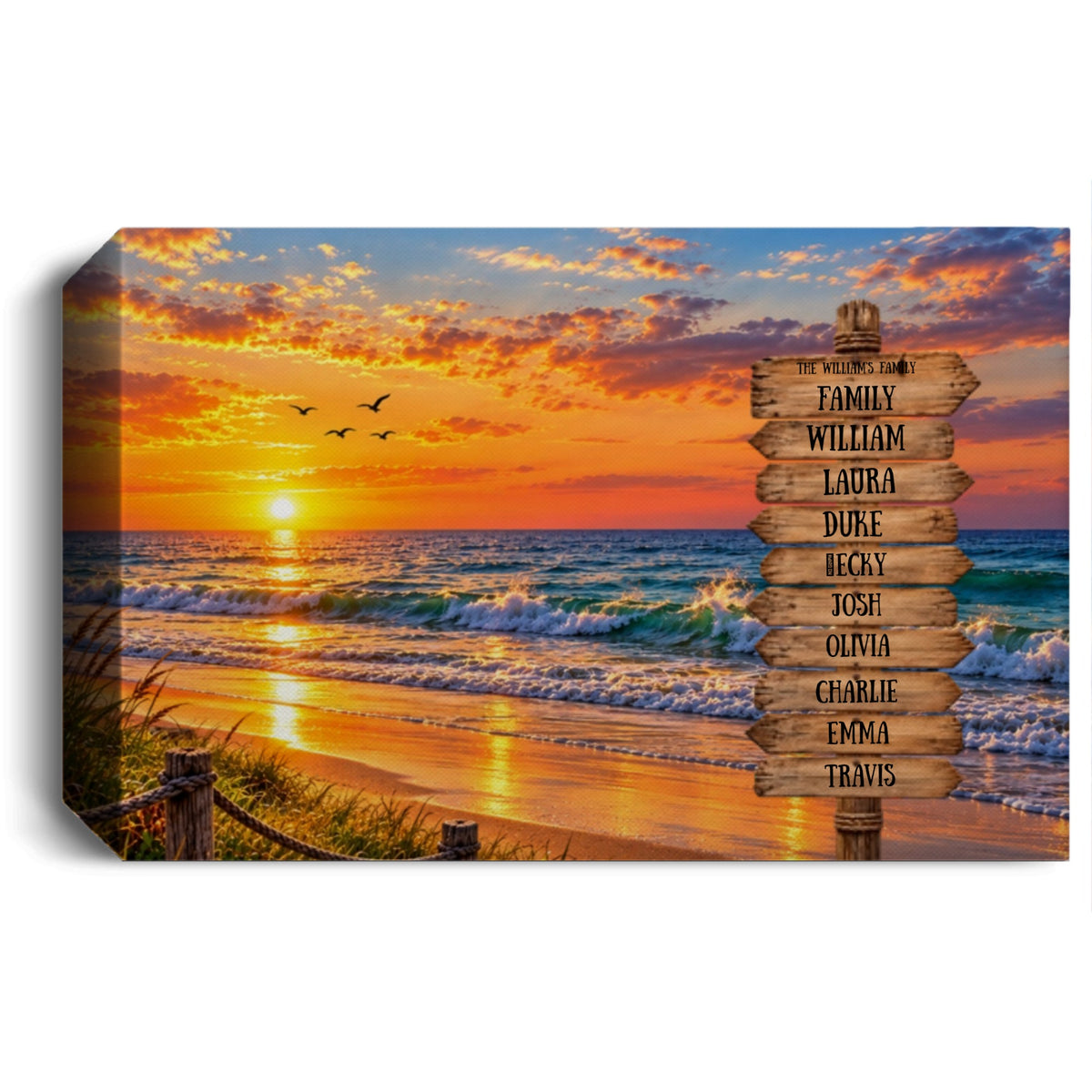 Personalized Family Beach Canvas | Custom Family Name Sign Wall Art | Sunset Ocean Home Décor | Beach House Family Gift