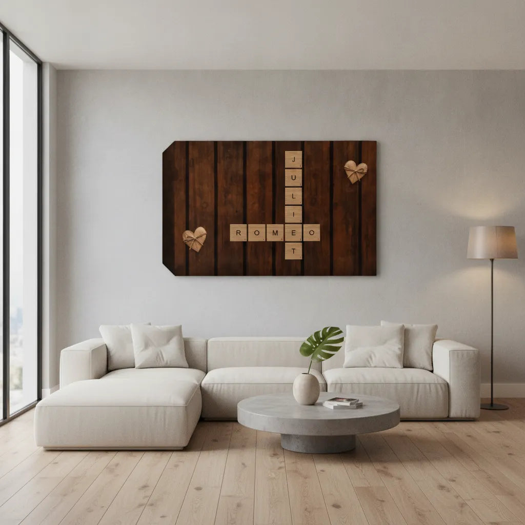 Personalized Couple Crossword Canvas | Custom Names Love Wall Art | Rustic Wooden Anniversary Gift for Couples