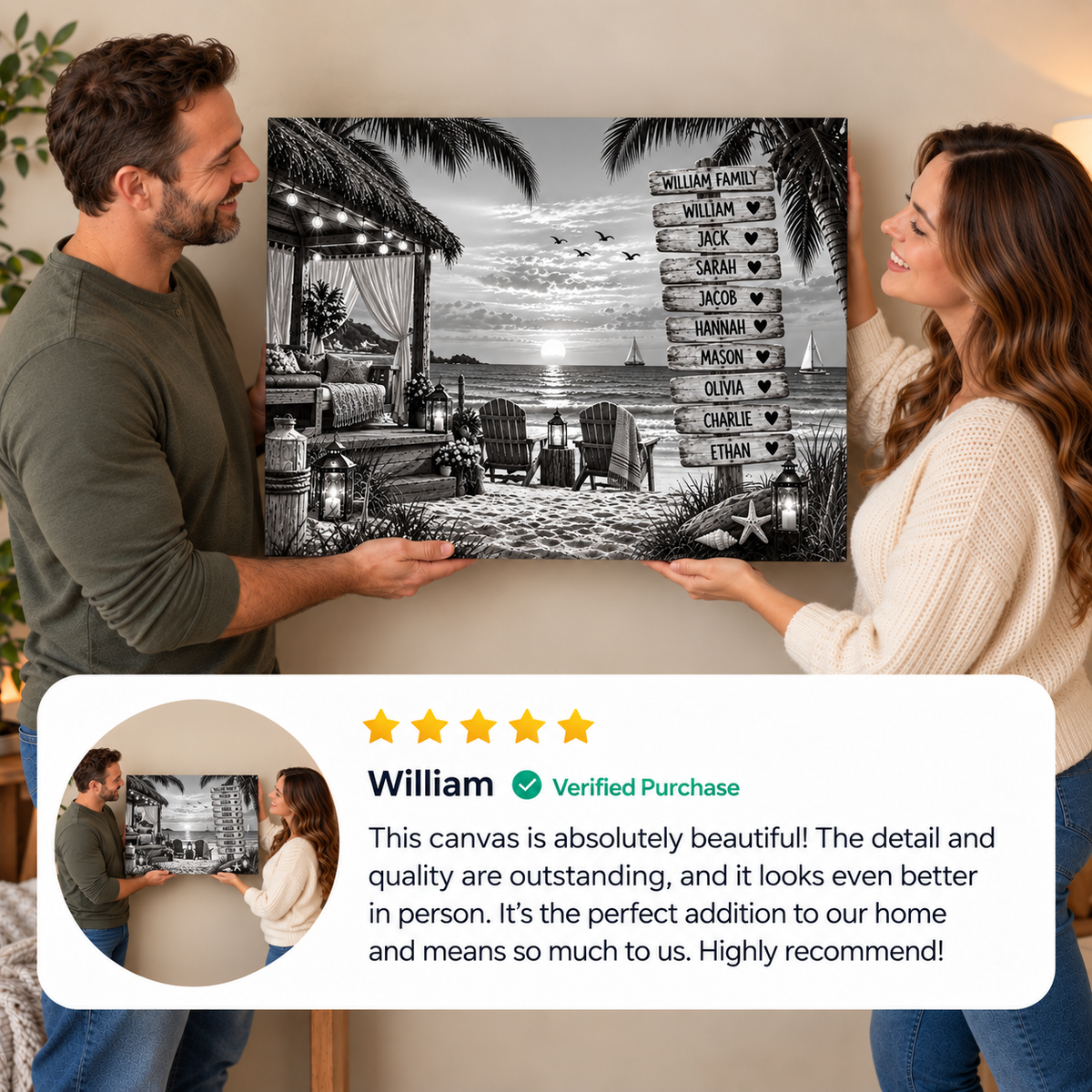 Black and White Beach Family Canvas