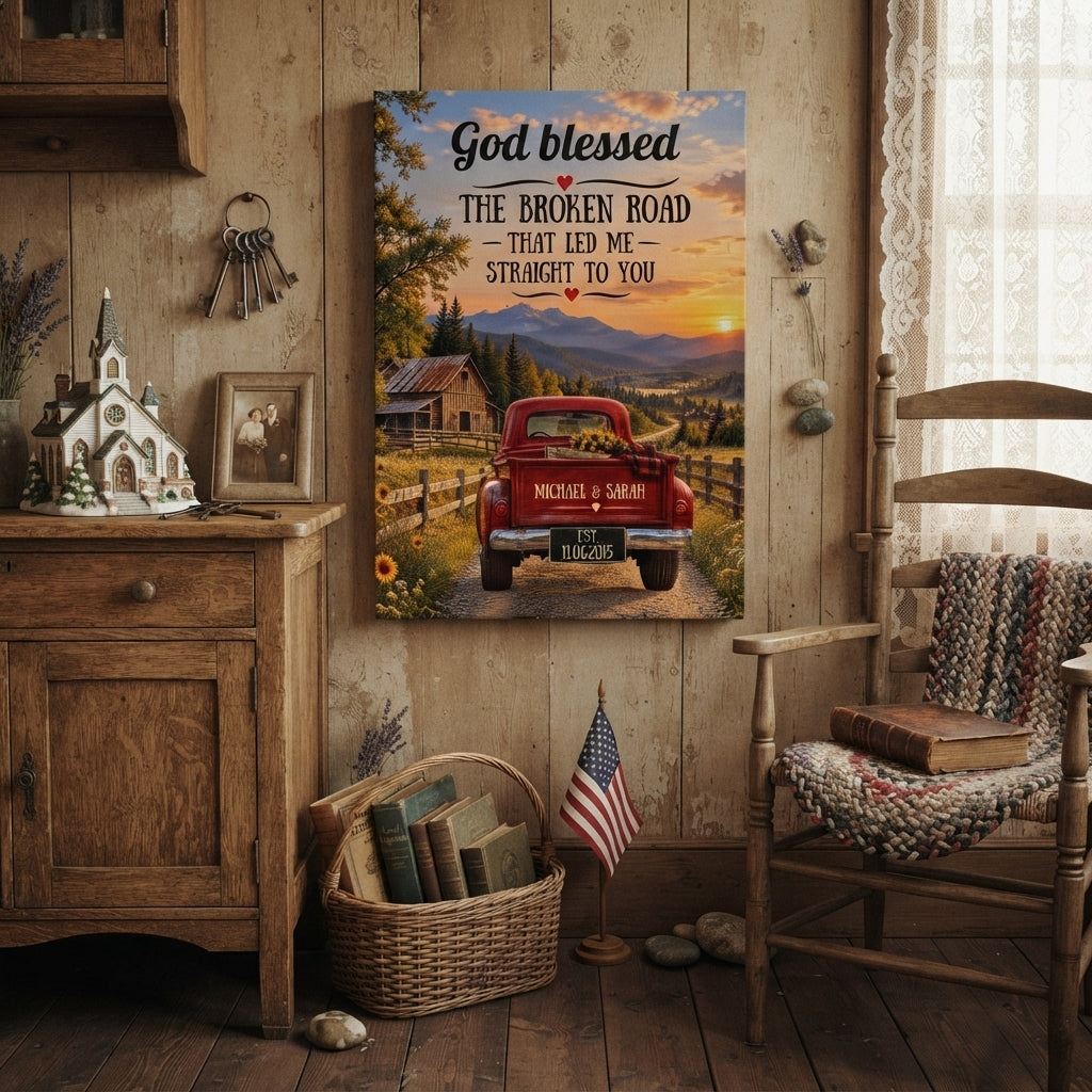 Personalized God Blessed Broken Road Canvas | Custom Couple Names & Date Rustic Truck Wall Art | Romantic Anniversary Gift