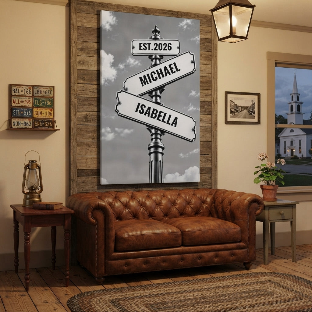 Personalized Couple Signpost Canvas | Custom Names & Date Rustic Street Sign Wall Art | Romantic Anniversary Wedding Gift