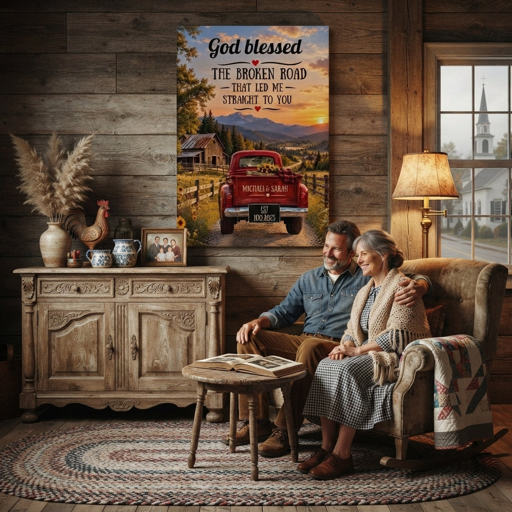 Personalized God Blessed Broken Road Canvas | Custom Couple Names & Date Rustic Truck Wall Art | Romantic Anniversary Gift