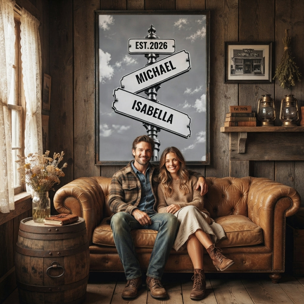 Personalized Couple Signpost Canvas | Custom Names & Date Rustic Street Sign Wall Art | Romantic Anniversary Wedding Gift