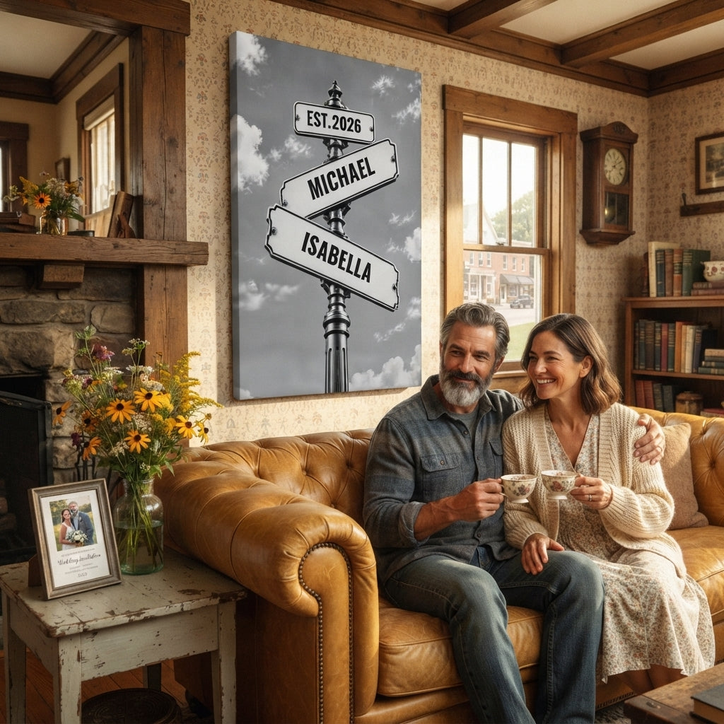 Personalized Couple Signpost Canvas | Custom Names & Date Rustic Street Sign Wall Art | Romantic Anniversary Wedding Gift