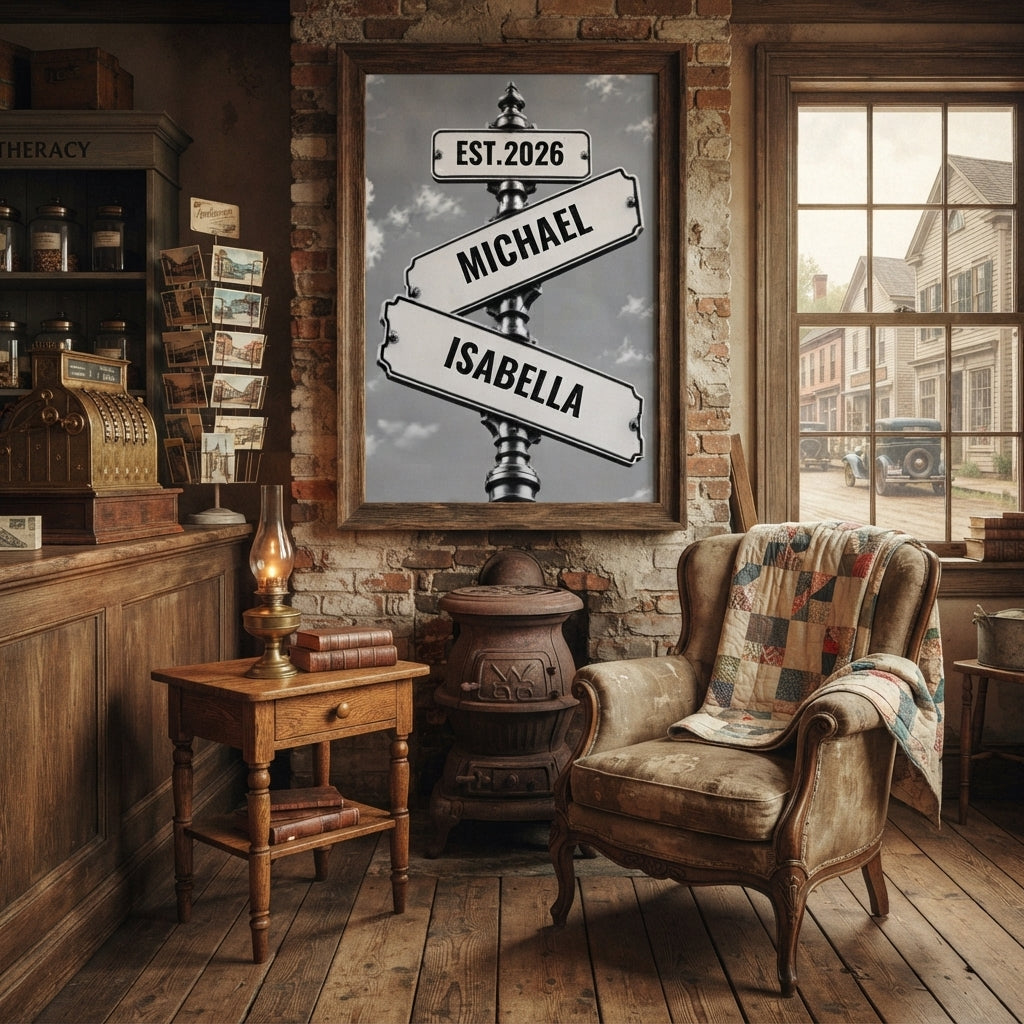 Personalized Couple Signpost Canvas | Custom Names & Date Rustic Street Sign Wall Art | Romantic Anniversary Wedding Gift