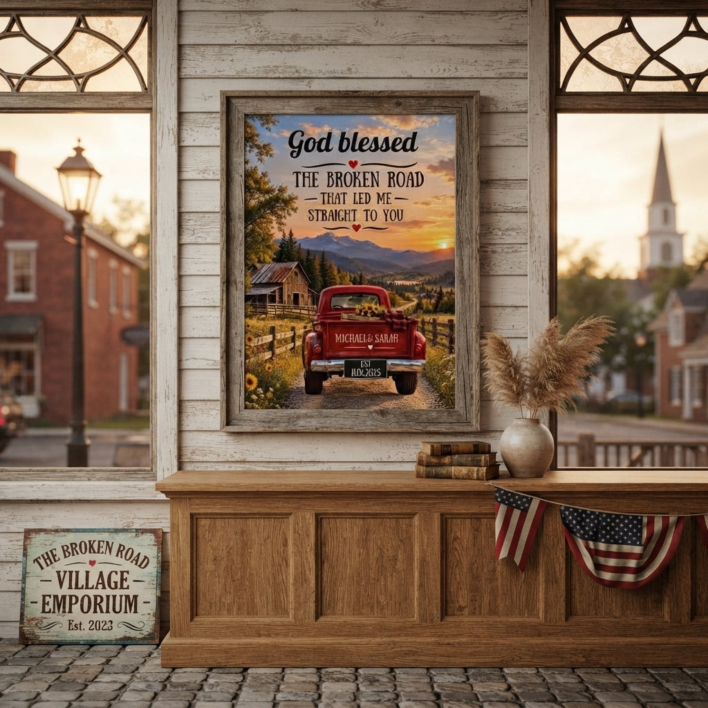 Personalized God Blessed Broken Road Canvas | Custom Couple Names & Date Rustic Truck Wall Art | Romantic Anniversary Gift