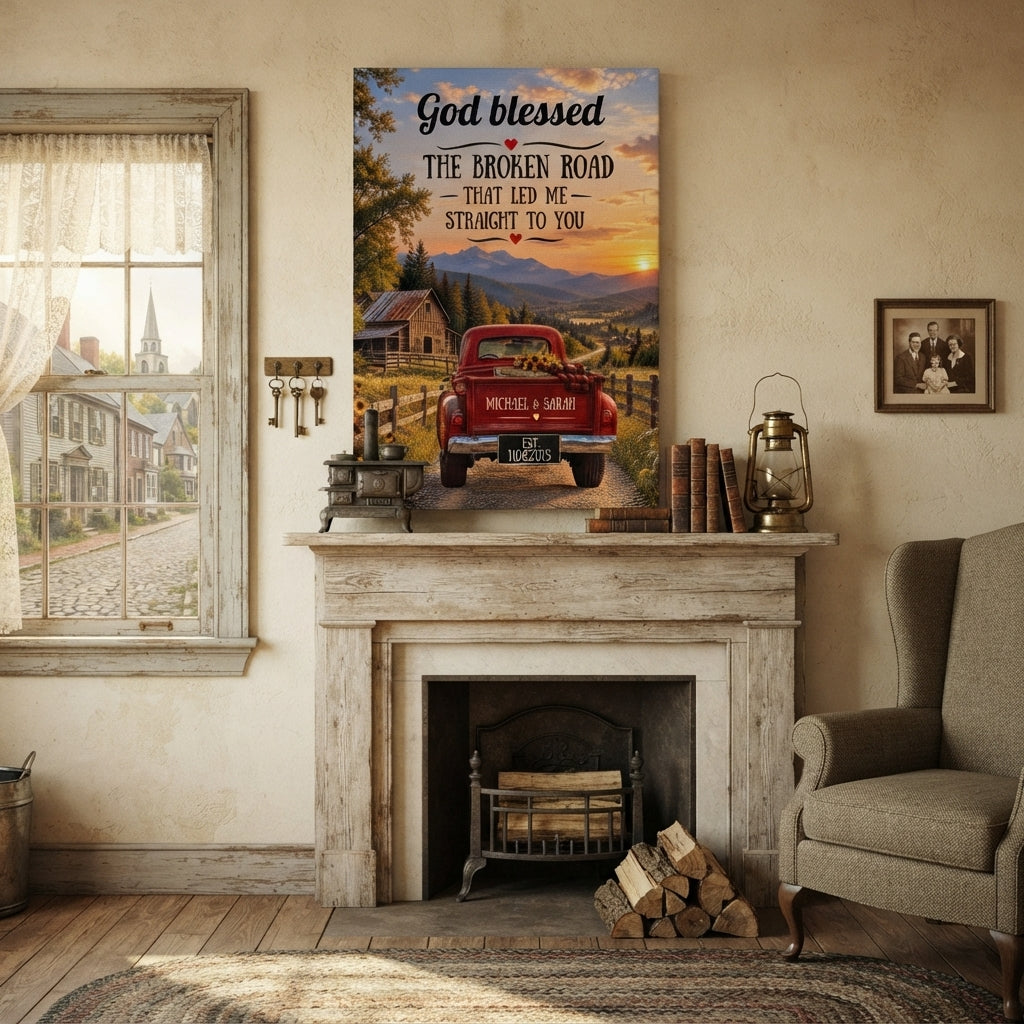 Personalized God Blessed Broken Road Canvas | Custom Couple Names & Date Rustic Truck Wall Art | Romantic Anniversary Gift