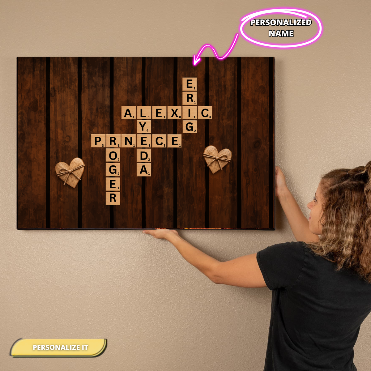 Personalized Couple Crossword Canvas | Custom Names Love Wall Art | Rustic Wooden Anniversary Gift for Couples