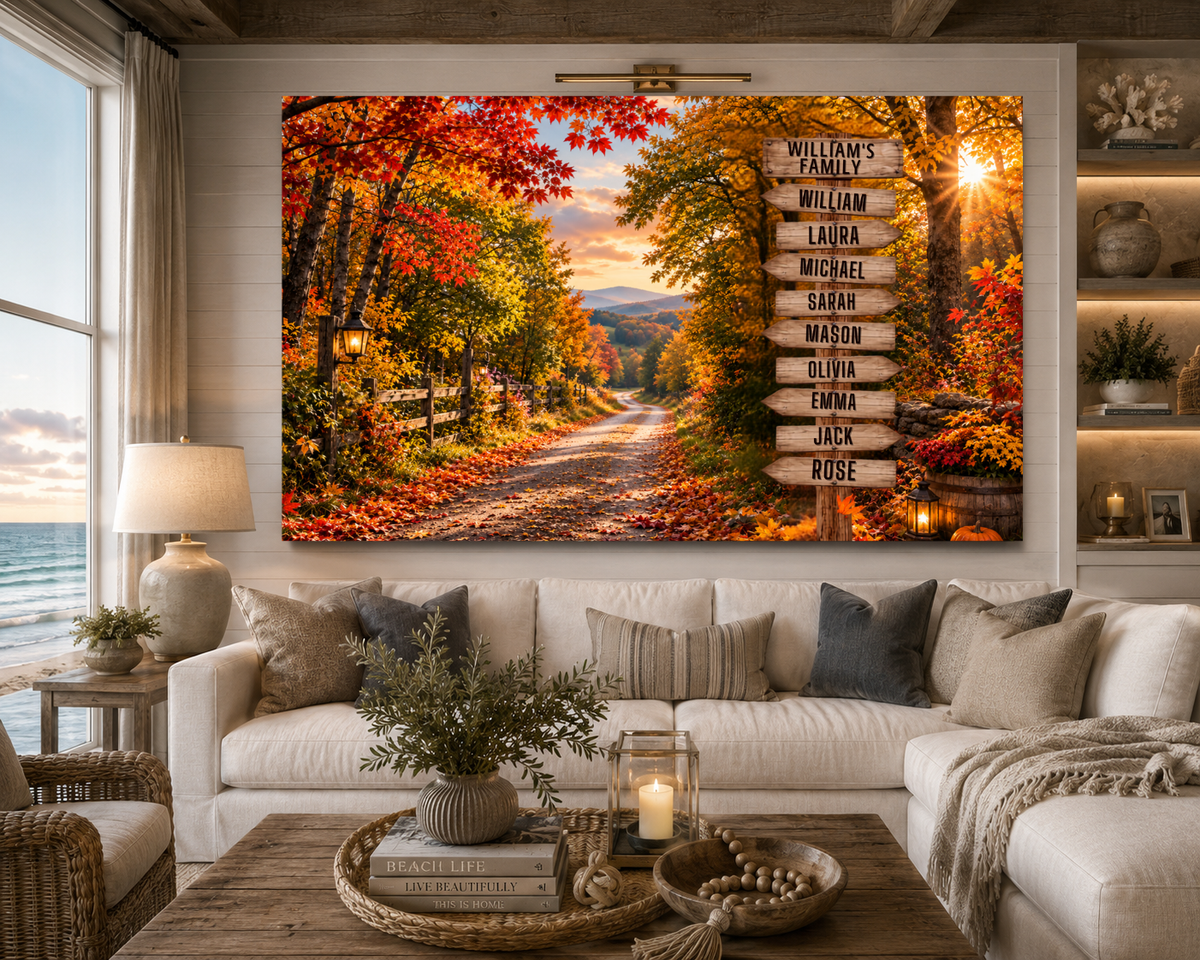 Personalized Family Fall Canvas | Custom Family Names Wall Art | Autumn Country Road Rustic Family Home Decor