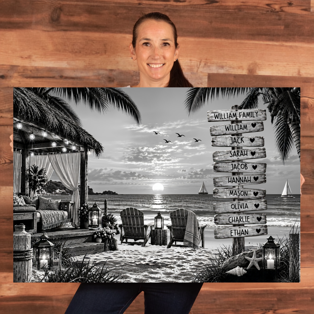 Personalized Beach Family Canvas | Custom Family Name Sign Wall Art | Black & White Coastal Beach Décor | Family Keepsake Gift