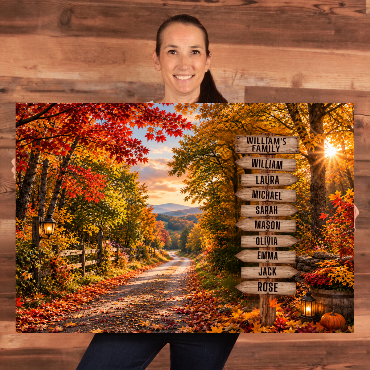 Personalized Family Fall Canvas | Custom Family Names Wall Art | Autumn Country Road Rustic Family Home Decor