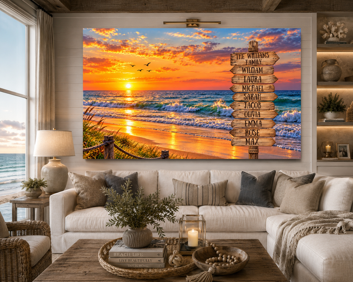 Personalized Family Beach Canvas | Custom Family Name Sign Wall Art | Sunset Ocean Home Décor | Beach House Family Gift