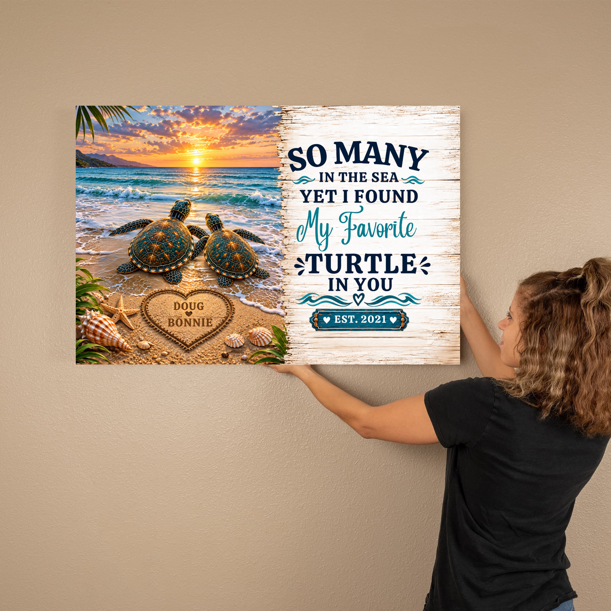 Personalized Turtle Couple Canvas | “My Favorite Turtle in You” Beach Wall Art | Custom Names & Date Romantic Anniversary Gift