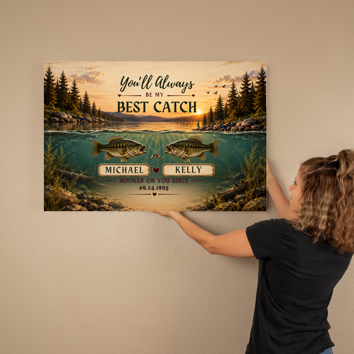 Personalized Fishing Couple Canvas | “You’ll Always Be My Best Catch” Wall Art | Custom Names & Date Fishing Anniversary Gift