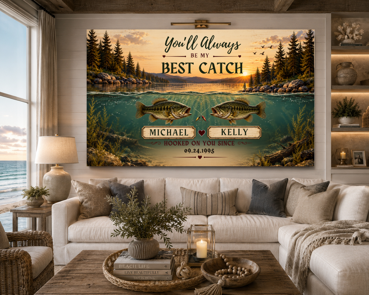 Personalized Fishing Couple Canvas | “You’ll Always Be My Best Catch” Wall Art | Custom Names & Date Fishing Anniversary Gift
