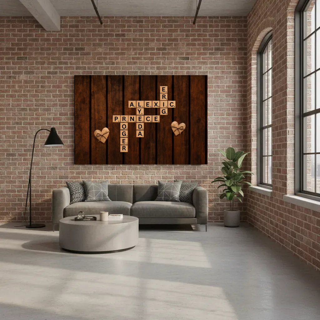 Personalized Couple Crossword Canvas | Custom Names Love Wall Art | Rustic Wooden Anniversary Gift for Couples
