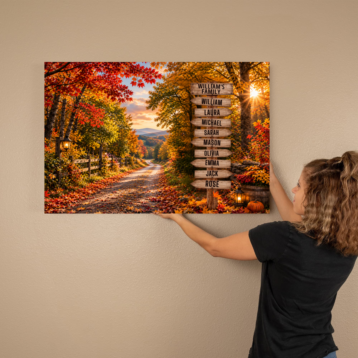 Personalized Family Fall Canvas | Custom Family Names Wall Art | Autumn Country Road Rustic Family Home Decor