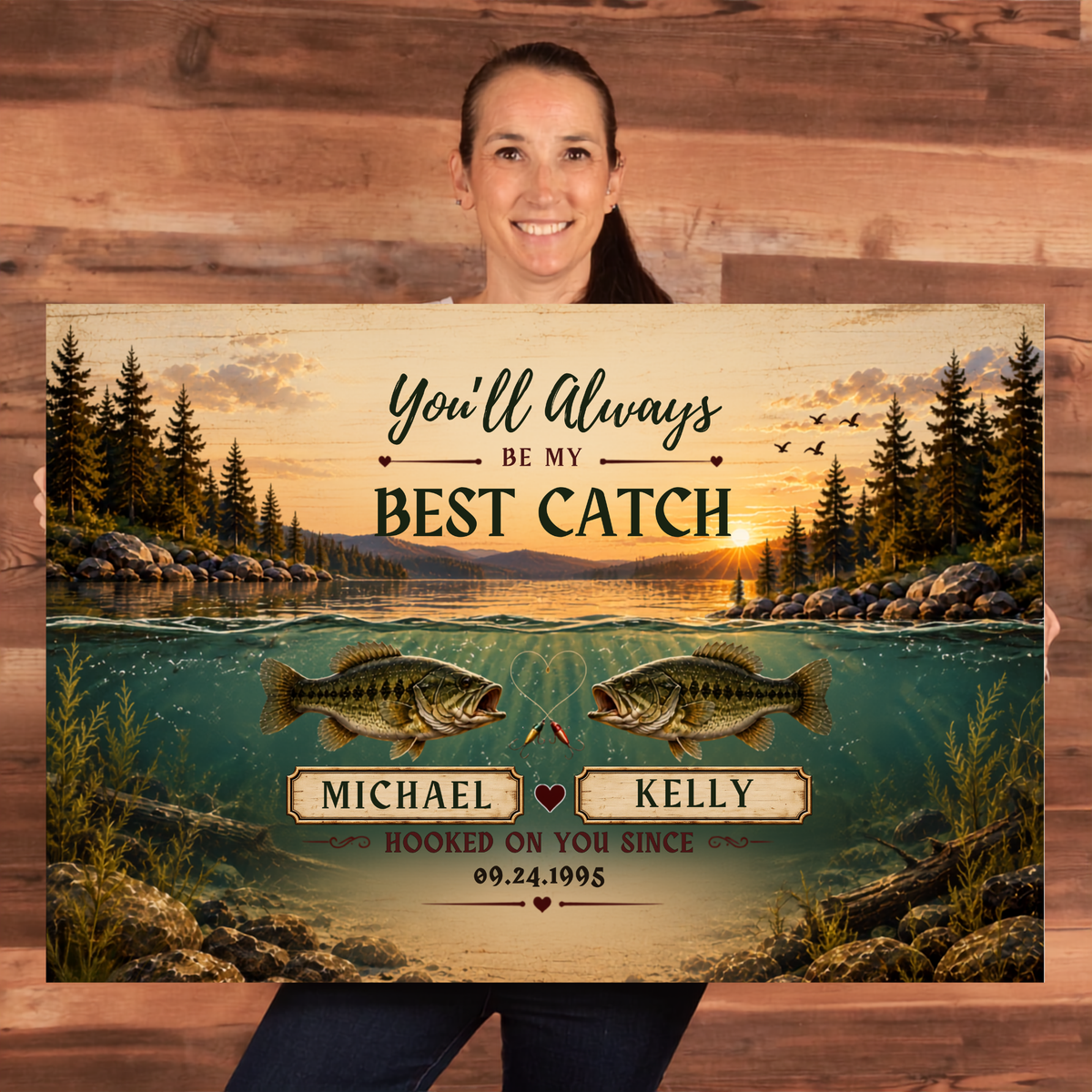 Personalized Fishing Couple Canvas | “You’ll Always Be My Best Catch” Wall Art | Custom Names & Date Fishing Anniversary Gift