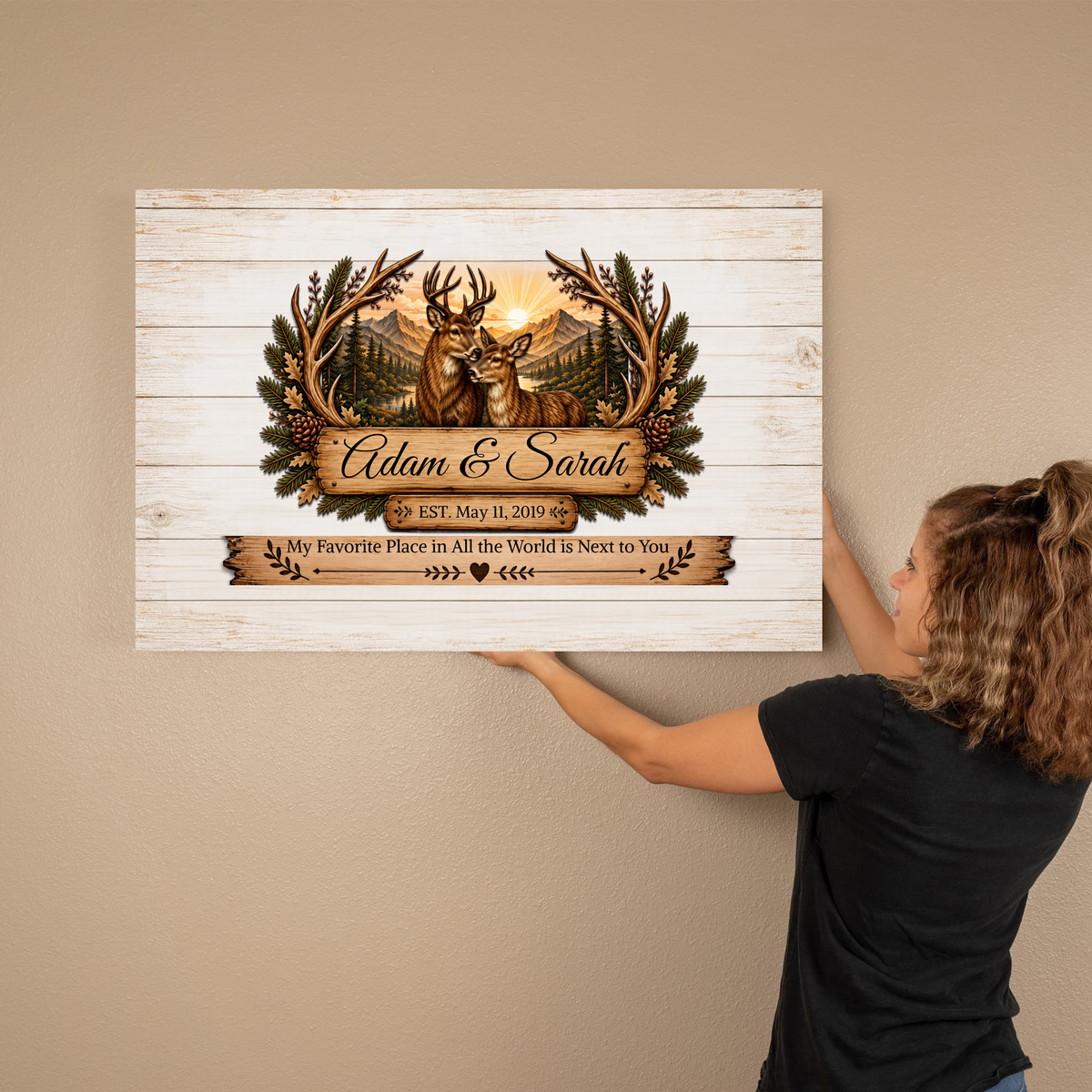 Personalized Deer Couple Canvas | Custom Names & Date Rustic Deer Wall Art | Romantic Anniversary Gift for Husband Wife