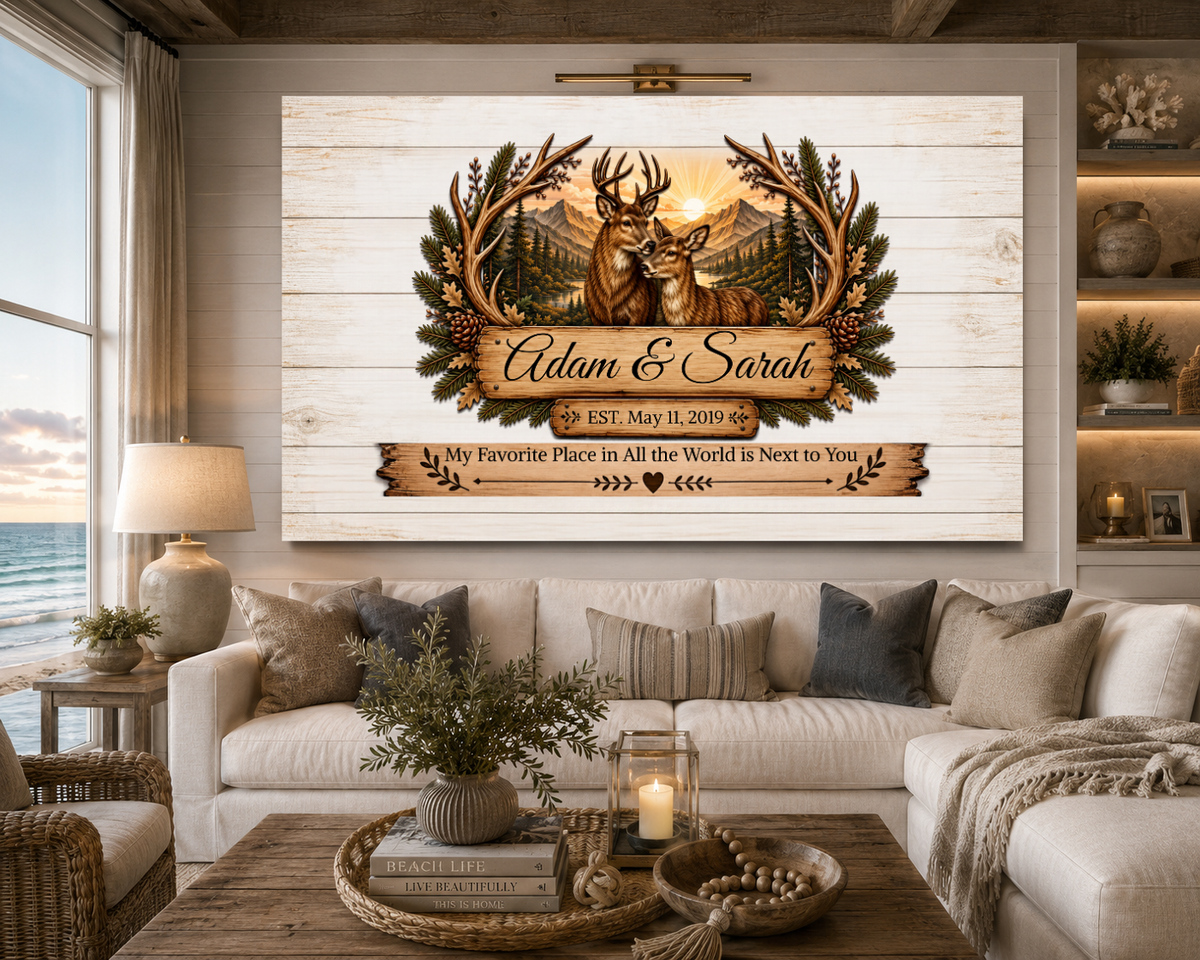 Personalized Deer Couple Canvas | Custom Names & Date Rustic Deer Wall Art | Romantic Anniversary Gift for Husband Wife