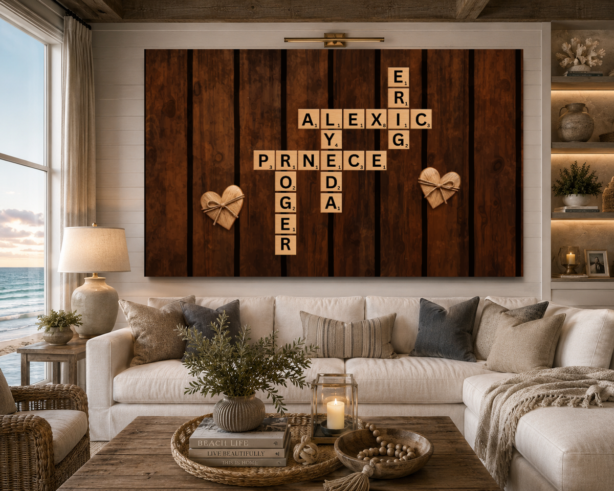 Personalized Couple Crossword Canvas | Custom Names Love Wall Art | Rustic Wooden Anniversary Gift for Couples