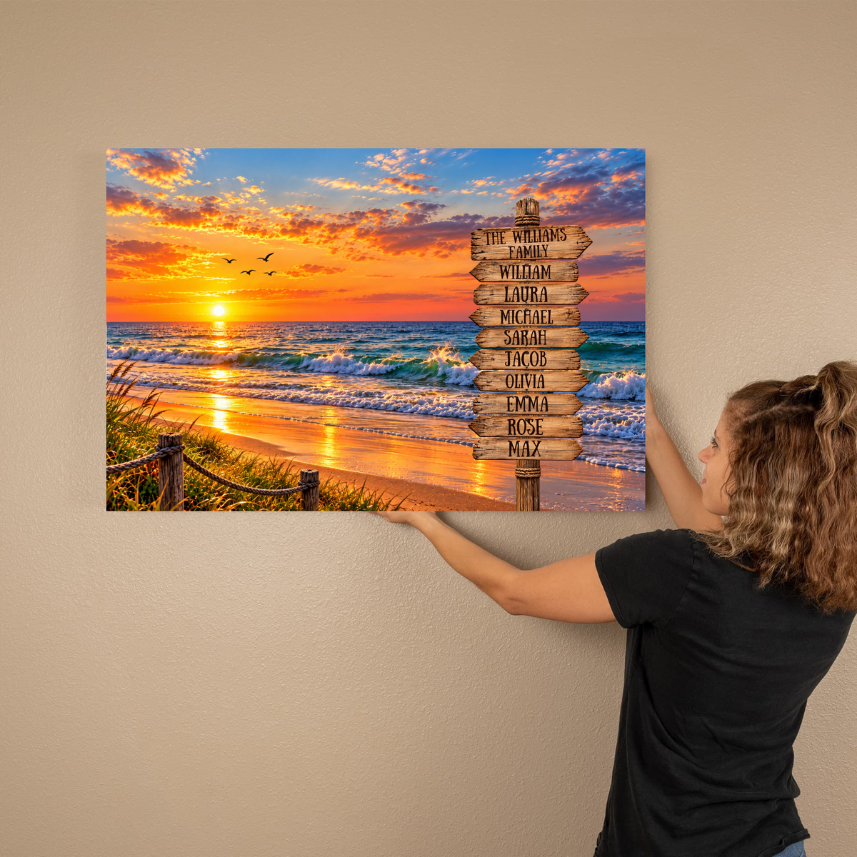 Personalized Family Beach Canvas | Custom Family Name Sign Wall Art | Sunset Ocean Home Décor | Beach House Family Gift
