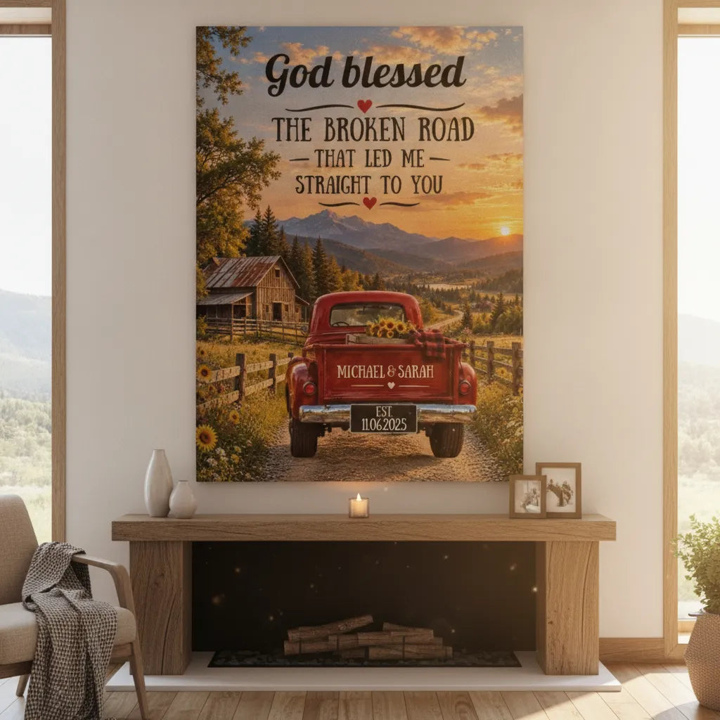 God Blessed Broken Road Rustic Truck Canvas