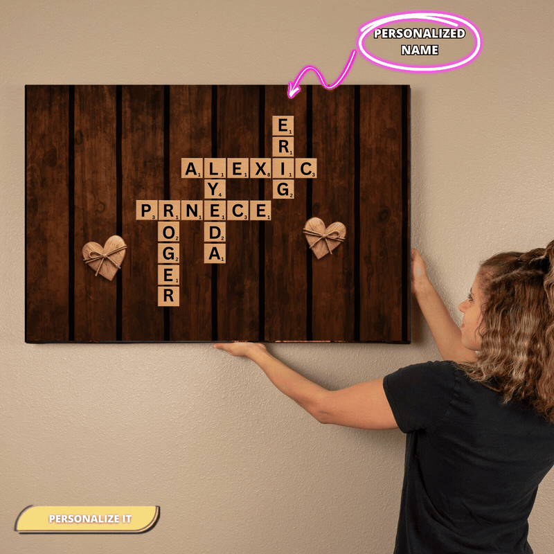Personalized Couple Crossword Canvas | Custom Names Love Wall Art | Rustic Wooden Anniversary Gift for Couples