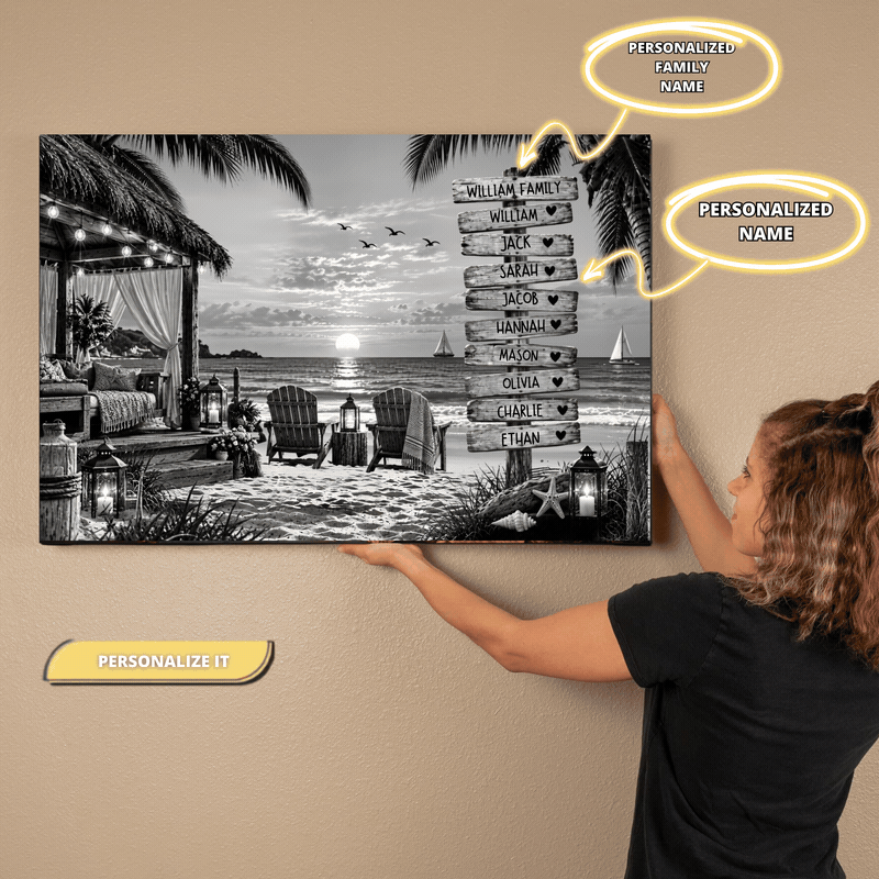 Personalized Beach Family Canvas | Custom Family Name Sign Wall Art | Black & White Coastal Beach Décor | Family Keepsake Gift