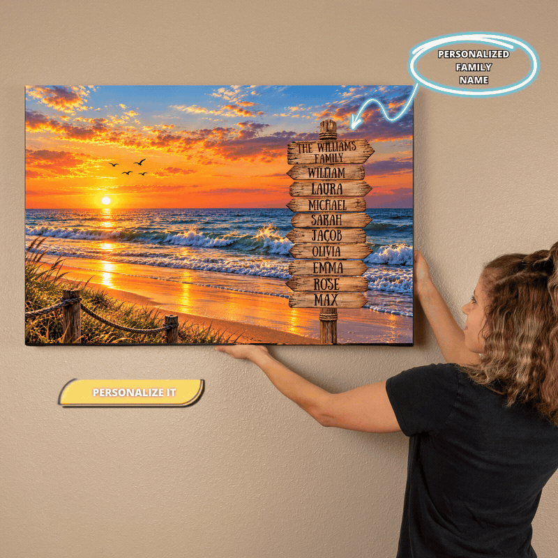 Personalized Family Beach Canvas | Custom Family Name Sign Wall Art | Sunset Ocean Home Décor | Beach House Family Gift