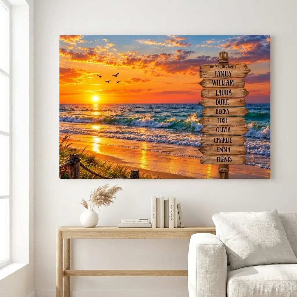 Personalized Family Beach Canvas | Custom Family Name Sign Wall Art | Sunset Ocean Home Décor | Beach House Family Gift