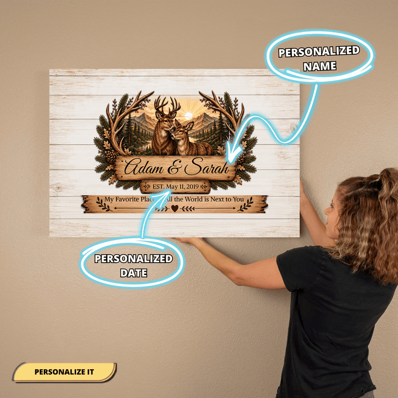 Personalized Deer Couple Canvas | Custom Names & Date Rustic Deer Wall Art | Romantic Anniversary Gift for Husband Wife