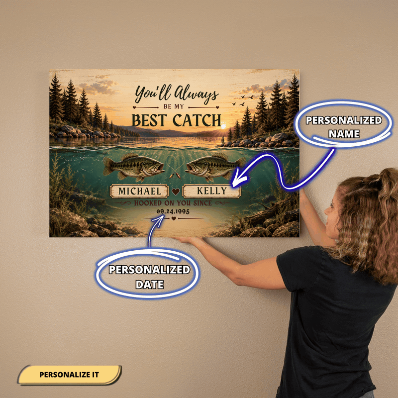 Personalized Fishing Couple Canvas | “You’ll Always Be My Best Catch” Wall Art | Custom Names & Date Fishing Anniversary Gift
