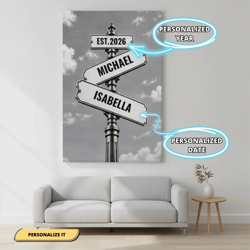 Personalized Couple Signpost Canvas | Custom Names & Date Rustic Street Sign Wall Art | Romantic Anniversary Wedding Gift
