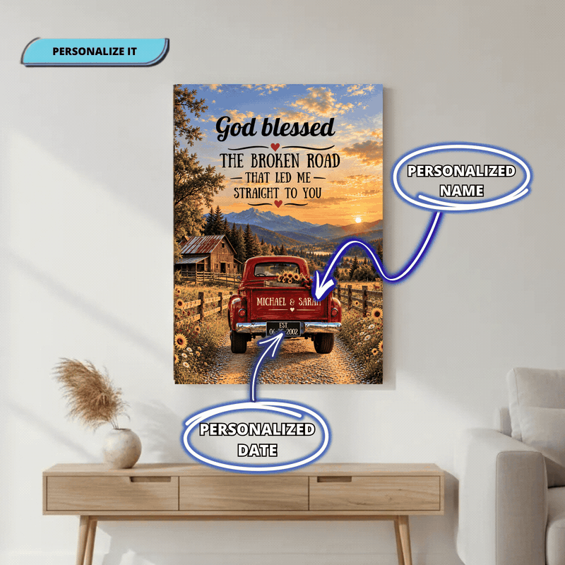 Personalized God Blessed Broken Road Canvas | Custom Couple Names & Date Rustic Truck Wall Art | Romantic Anniversary Gift